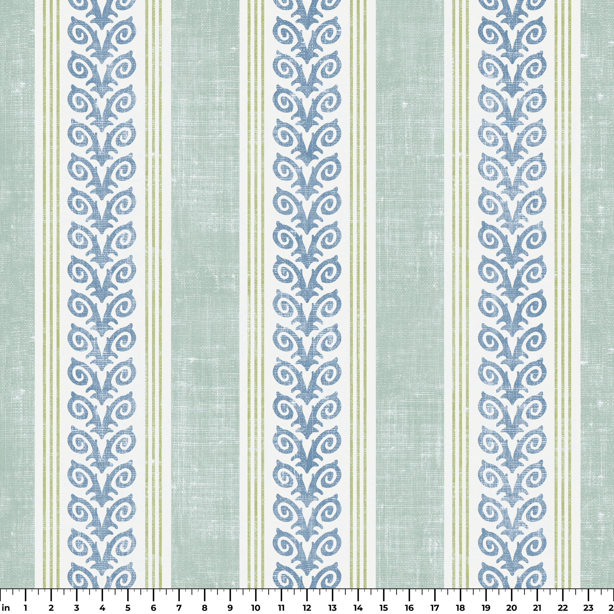 Vertical stripes with blue floral vine pattern on cream and light blue background
