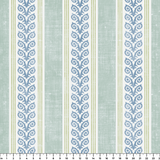 Vertical stripes with blue floral vine pattern on cream and light blue background