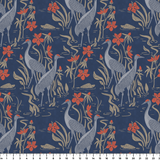 Blue wallpaper pattern with white herons, coral flowers, and green foliage in an Art Nouveau style