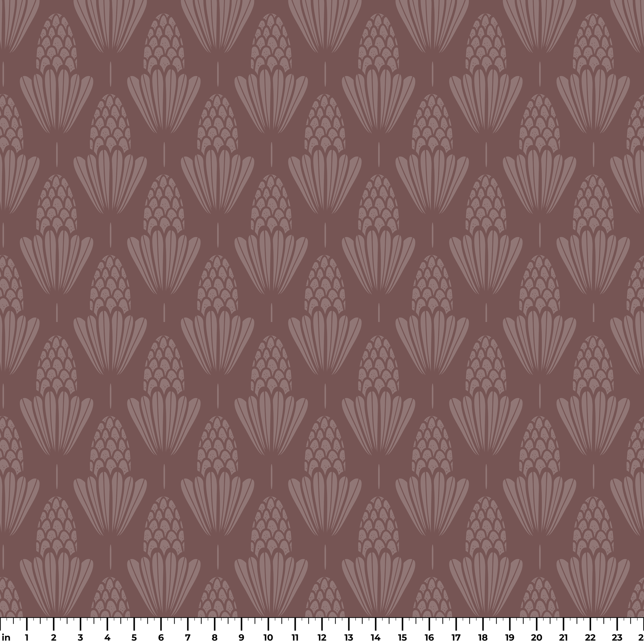Art deco style pattern with stylized pinecones and fan shapes in muted rose and mauve tones