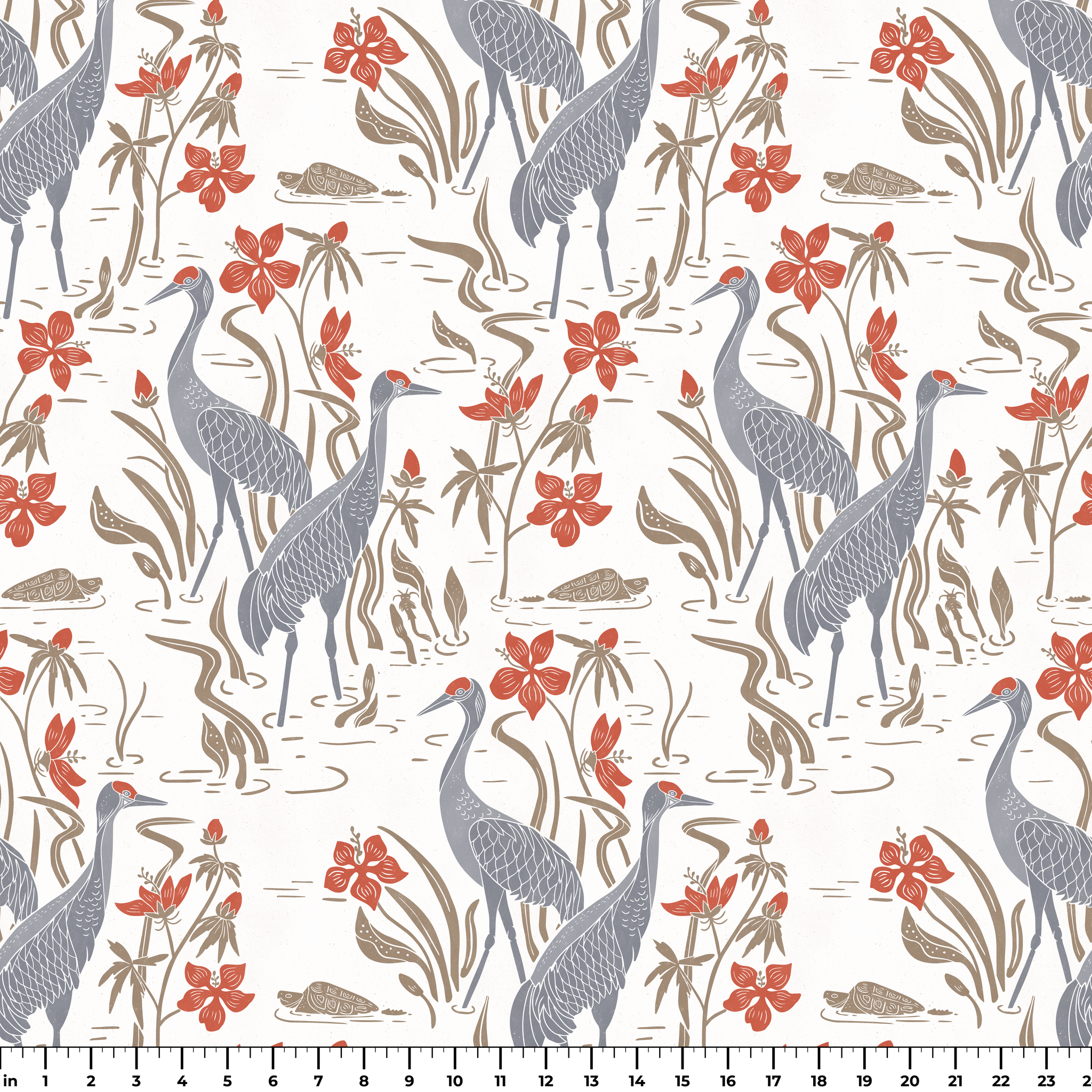 Decorative pattern with gray herons, brown rabbits, and red-orange flowers on white background