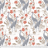 Decorative pattern with gray herons, brown rabbits, and red-orange flowers on white background