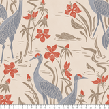 Decorative pattern with blue herons, beige cranes, and red flowers on cream background