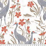 Decorative pattern with gray herons, beige rabbits, and coral-red flowers on white background