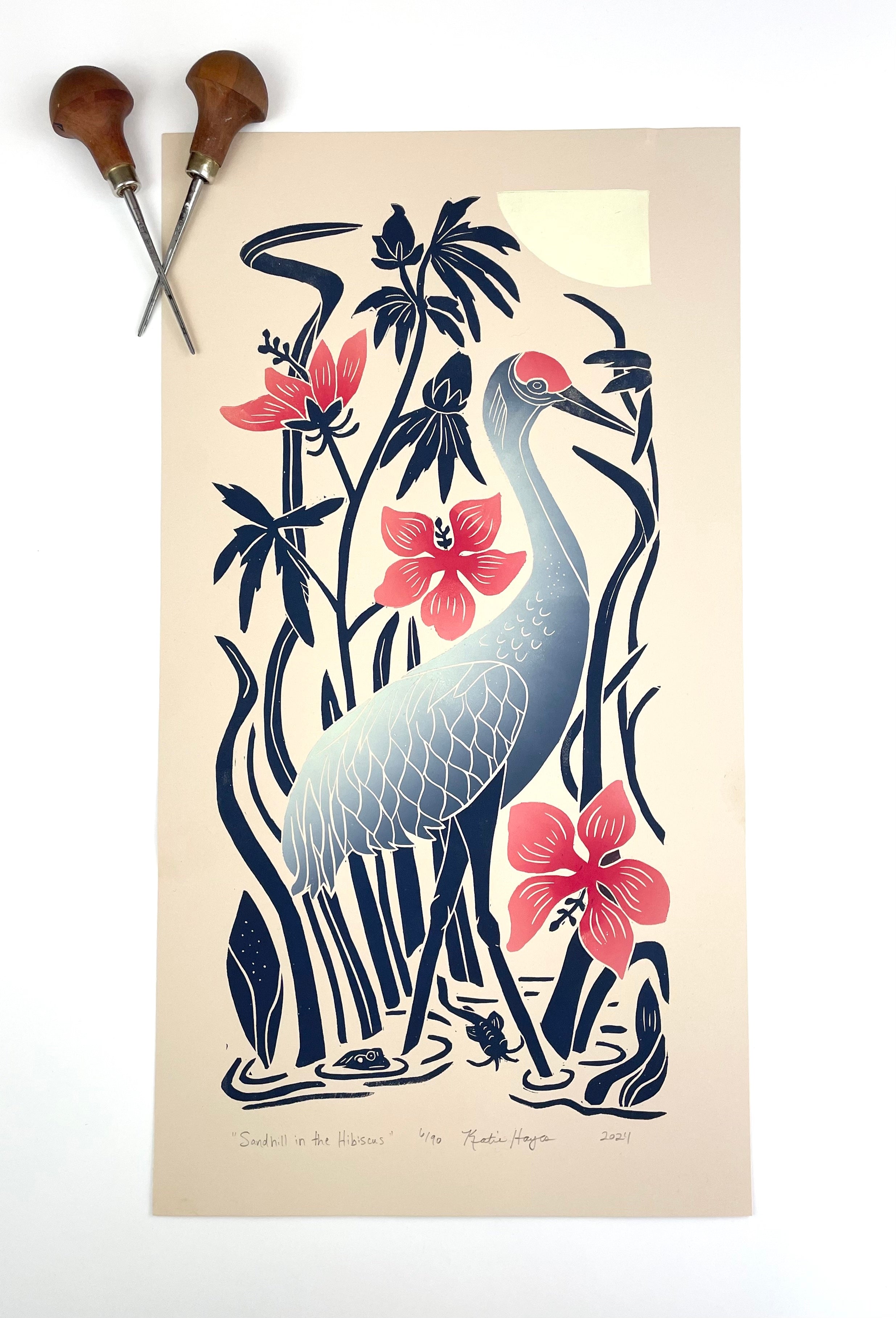 Sandill in the hibiscus . Limited Edition block print with 13x19 mat