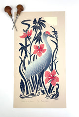 Sandill in the hibiscus . Limited Edition block print with 13x19 mat