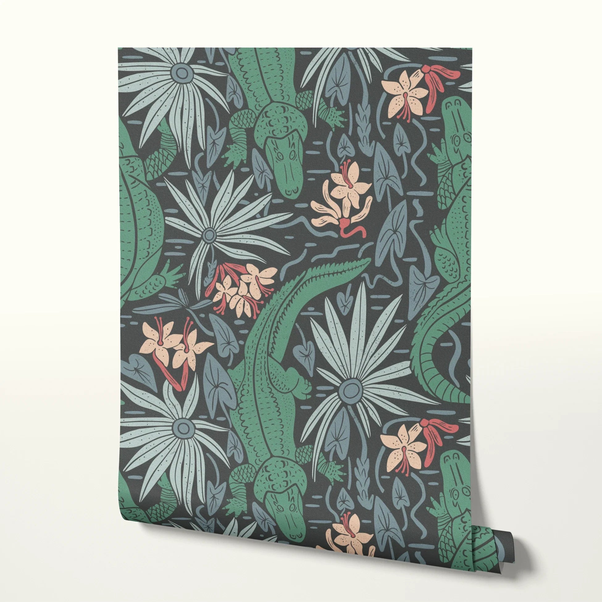 Tropical pattern with green alligators, palm fronds, and coral flowers on dark background