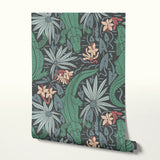 Tropical pattern with green alligators, palm fronds, and coral flowers on dark background