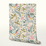 Decorative pattern with colorful birds, flowers, and foliage in vintage folk art style