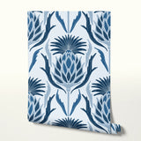 Blue and white tropical pineapple damask pattern with stylized leaves and geometric motifs