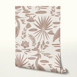 Tropical pattern with brown birds, palm fronds, and foliage on cream background