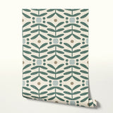 Geometric botanical pattern with teal green leaves, circles, and gray squares on cream background