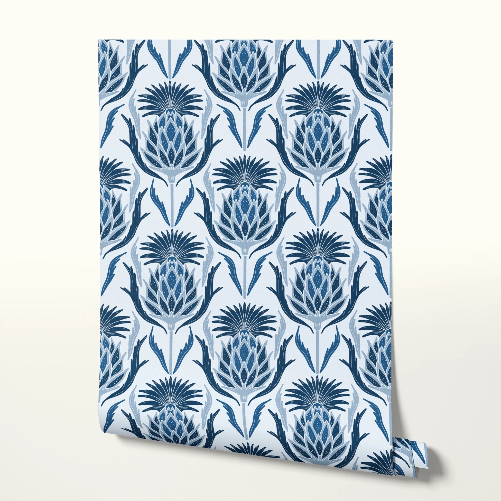 Decorative damask pattern with blue pineapple and palm motifs on white background
