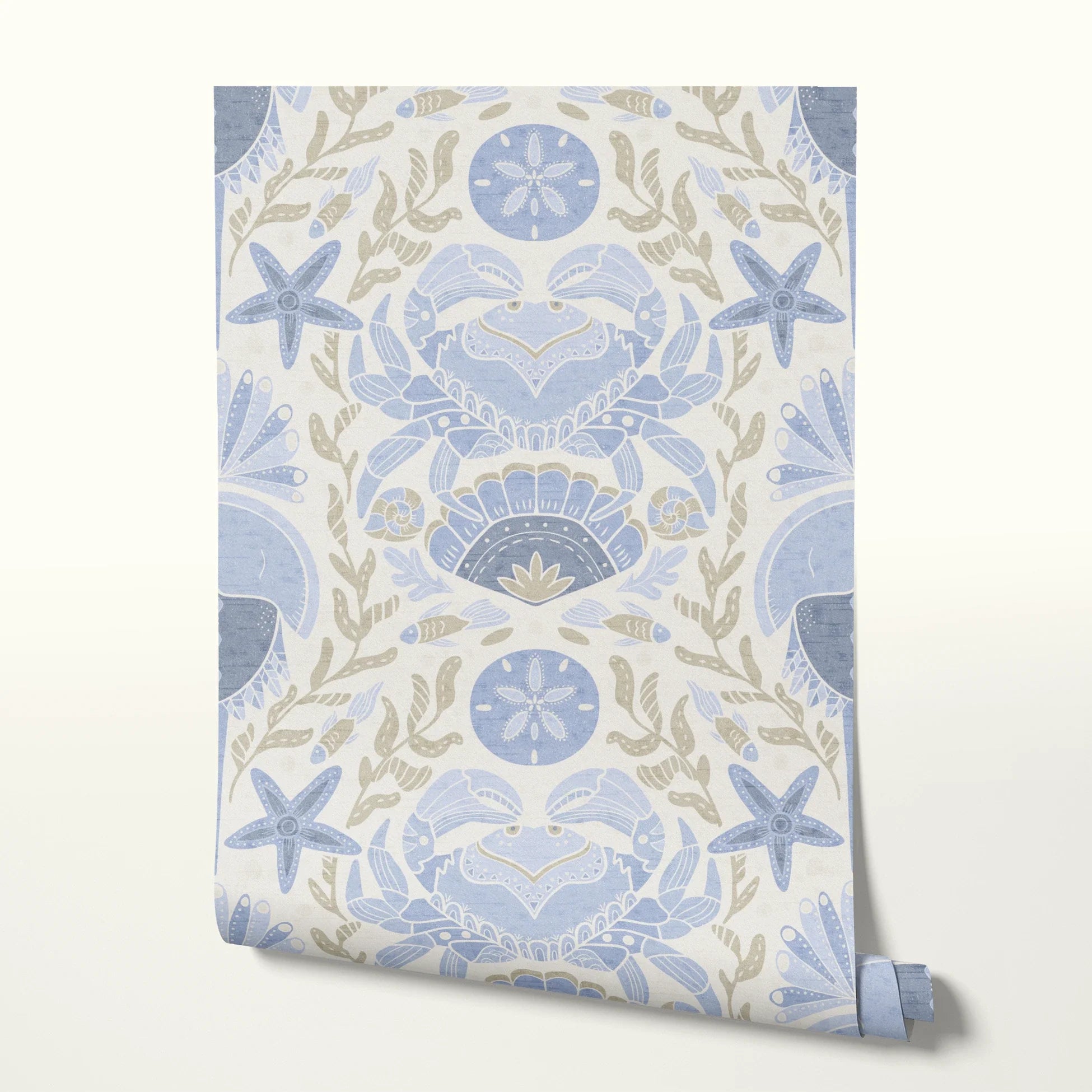 Symmetrical coastal damask pattern with crabs, starfish, shells, and seaweed in blue and tan