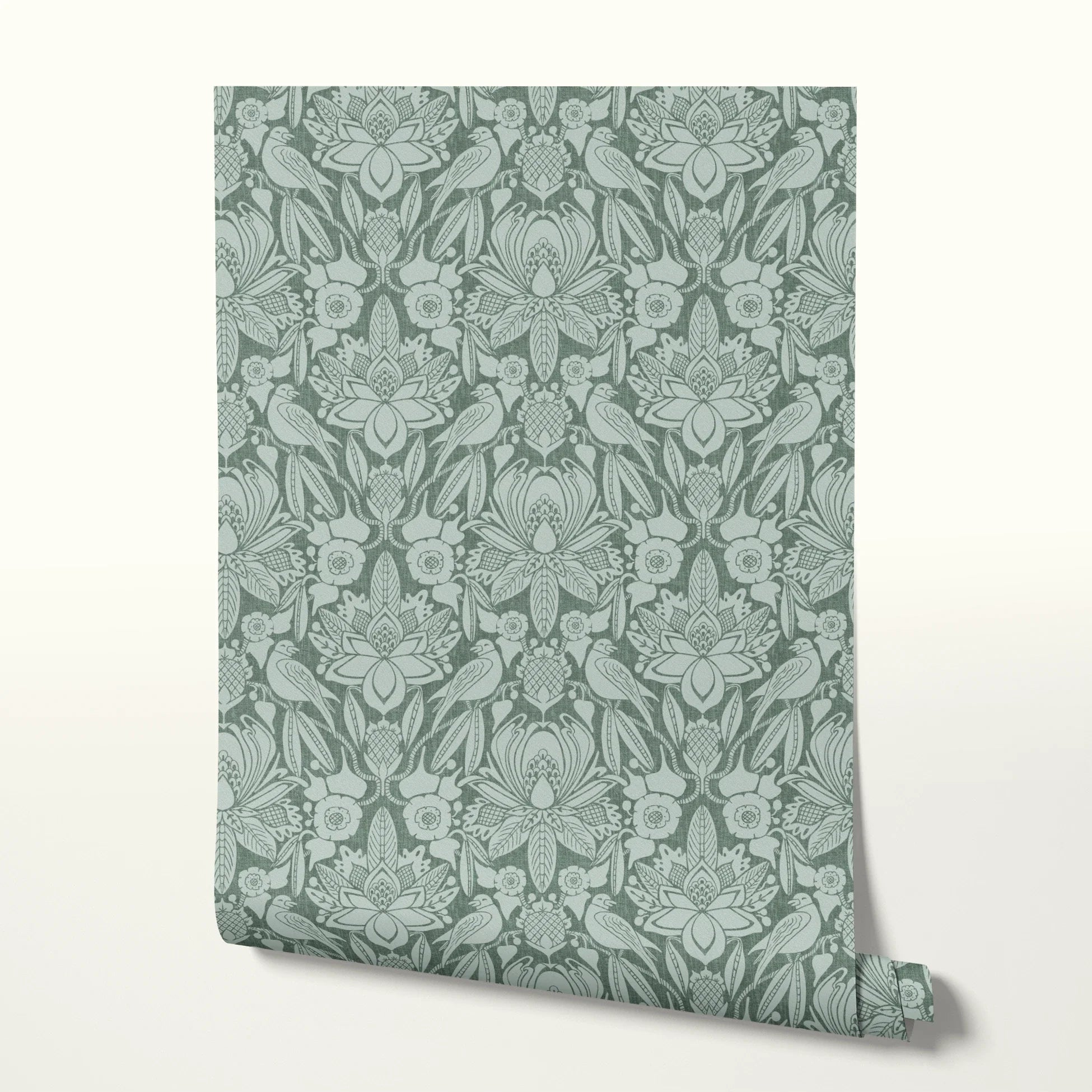 Ornate Art Nouveau floral pattern with stylized lotus flowers and foliage in sage green tones