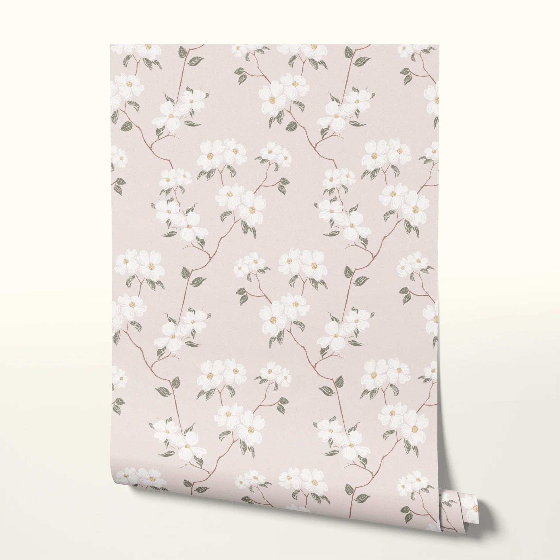 Delicate floral pattern with white flowers and gray leaves on pale pink background