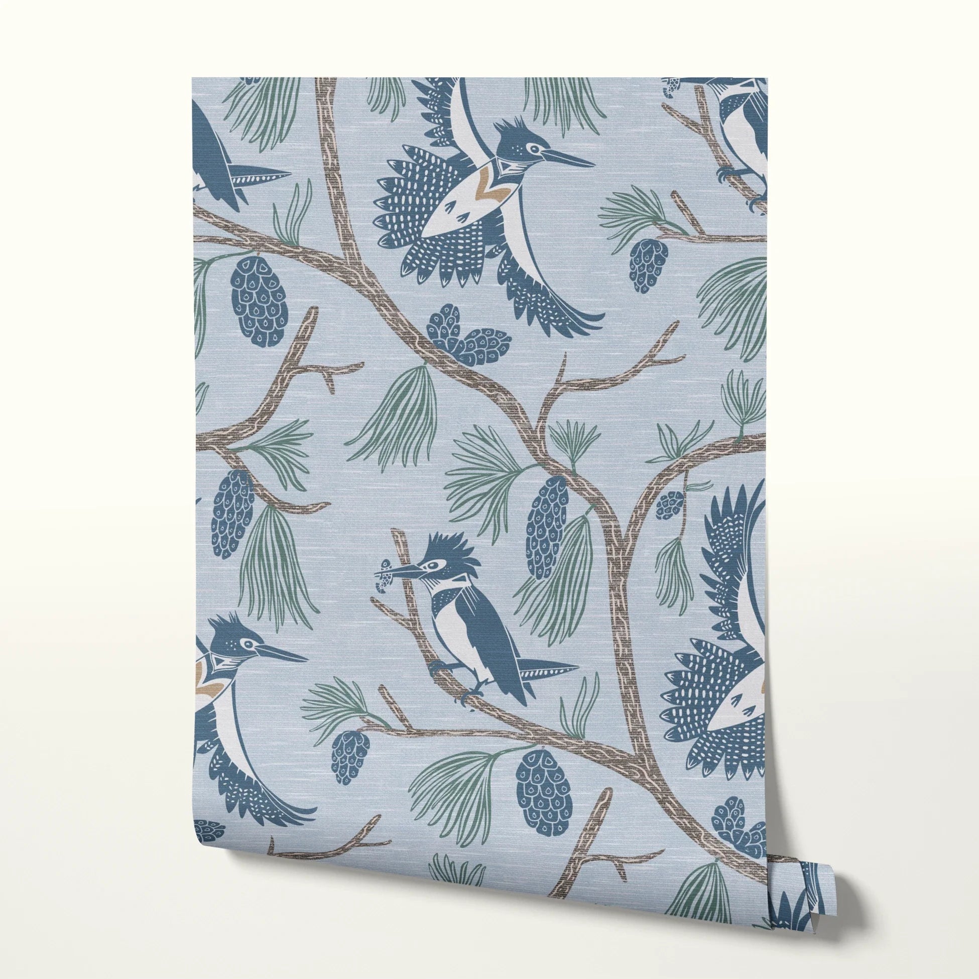 Birds perched on branches with pine cones and needles in blue, brown, and cream tones
