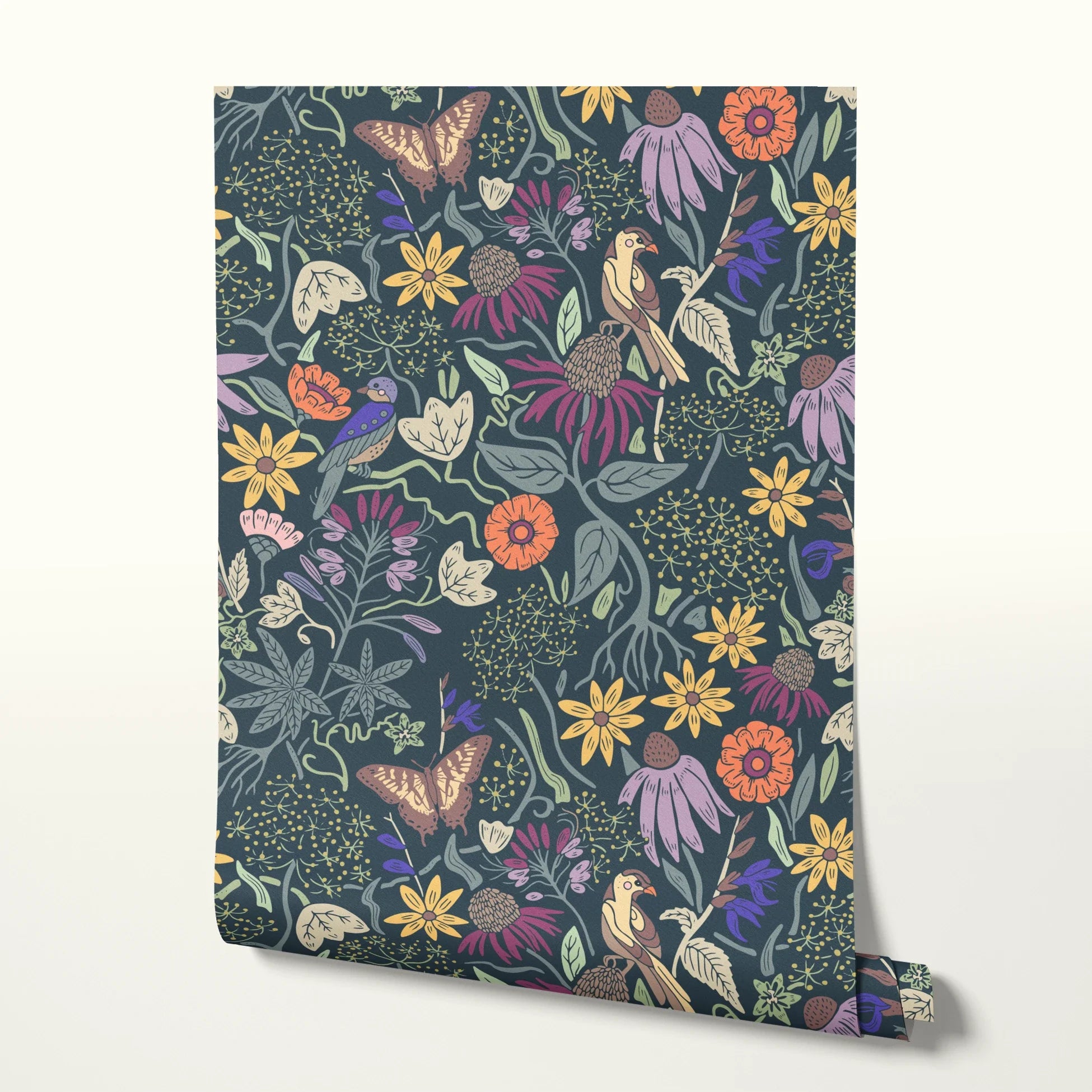 Vibrant floral pattern with colorful flowers, birds, and foliage on dark teal background