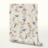 Decorative pattern with blue birds, rust-colored flowers, and brown foliage on cream background