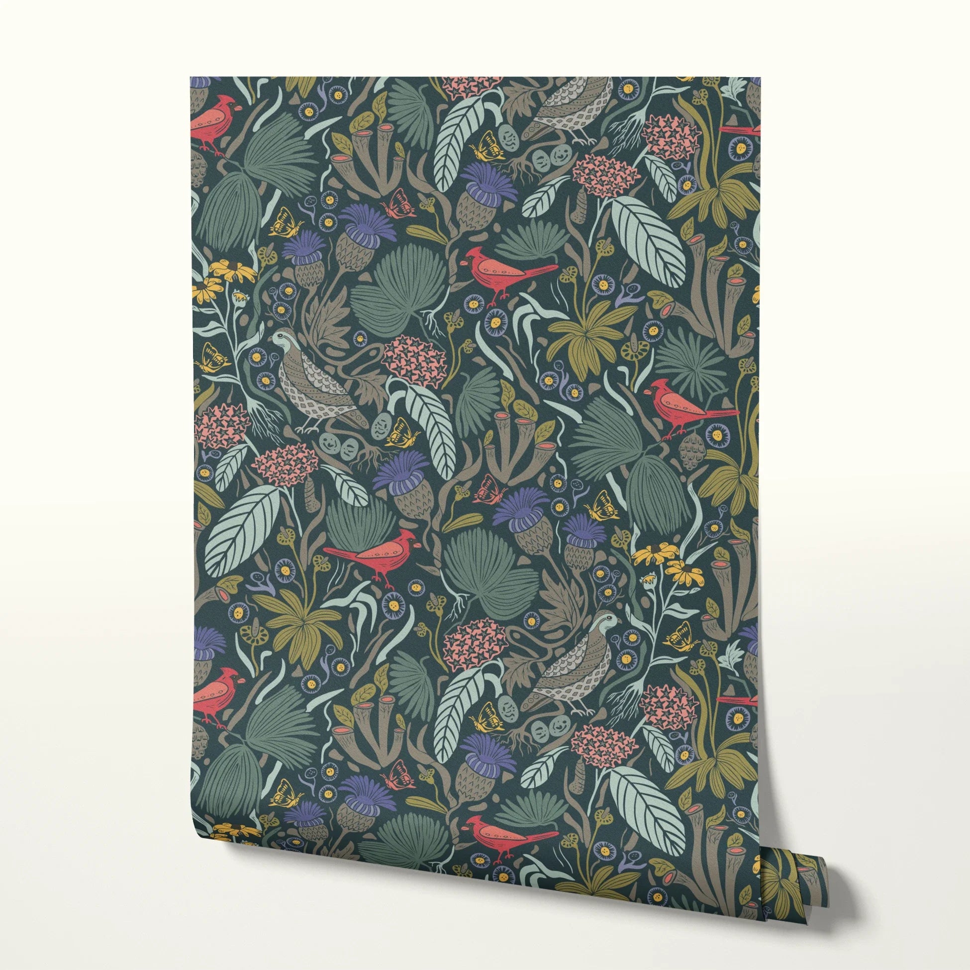 Dense floral pattern with red birds, tropical leaves, flowers and berries on dark teal background