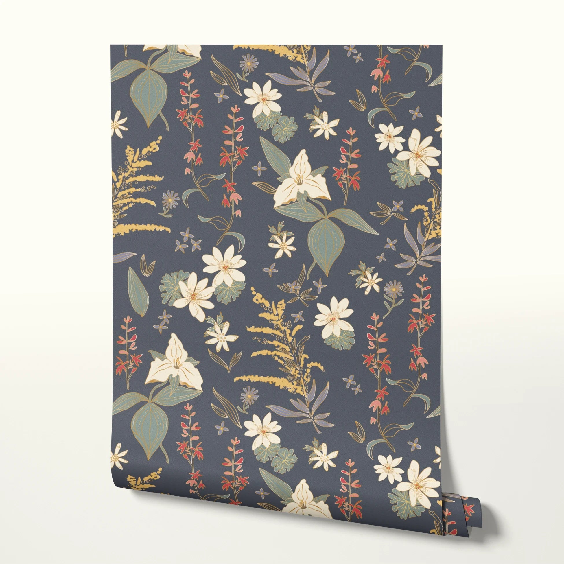 Vintage floral pattern with white flowers, golden stalks, and red blooms on dark gray background