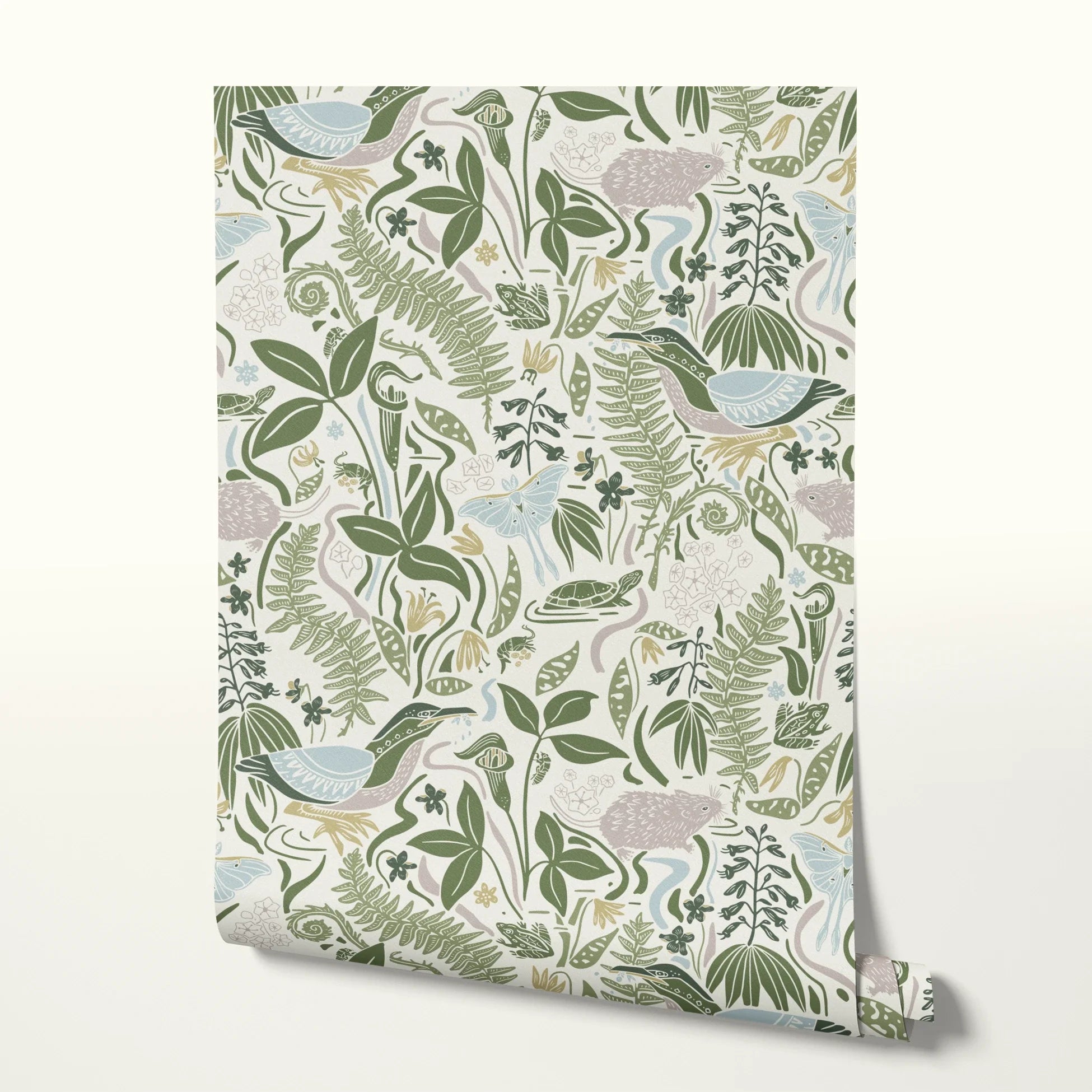 Decorative botanical pattern with green ferns, leaves, mushrooms, and flowers on cream background