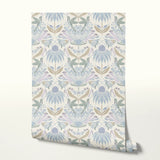 Symmetrical art nouveau pattern with stylized flowers, leaves, and butterflies in soft blue, purple,