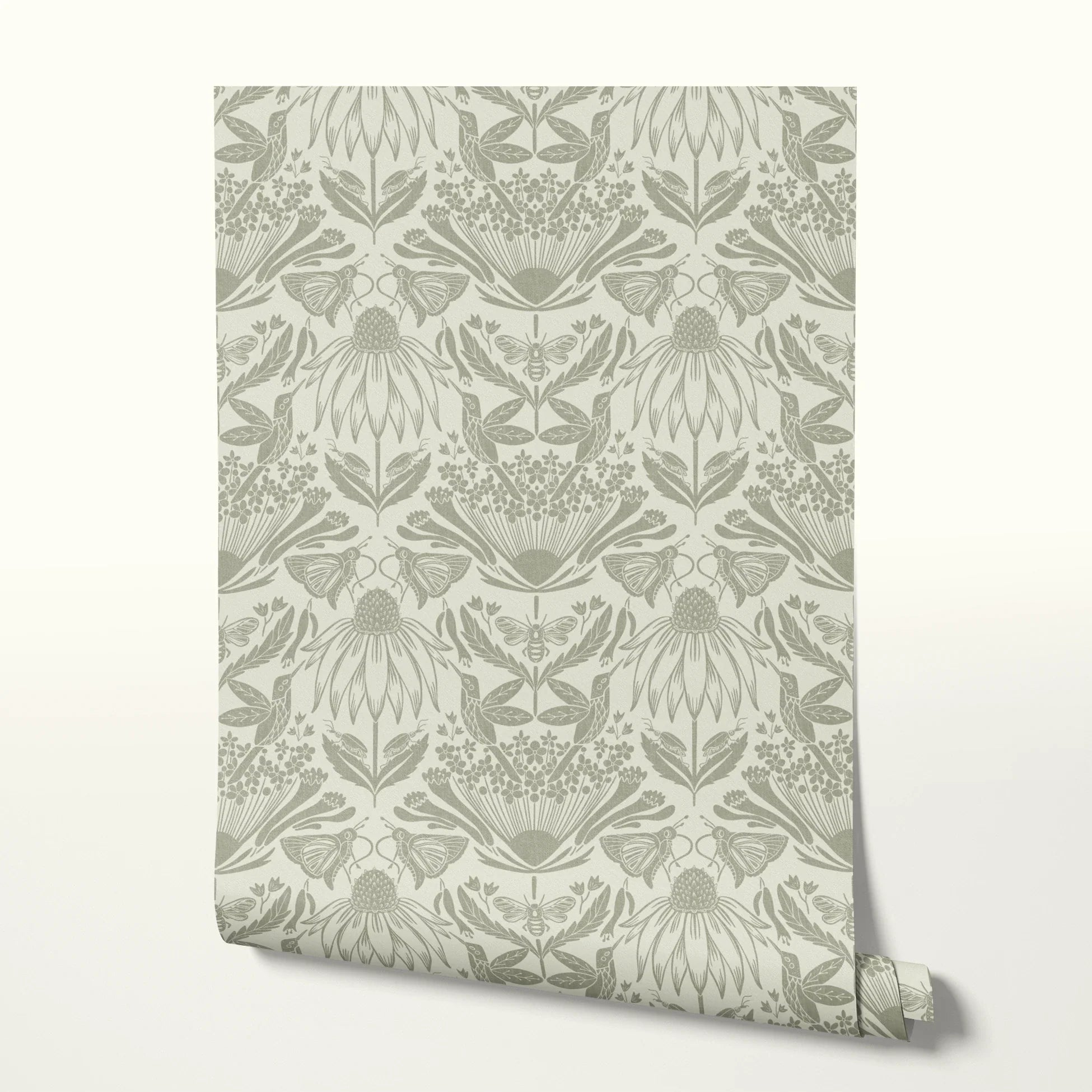 Symmetrical art nouveau botanical pattern with protea flowers, moths, and foliage in sage green on c