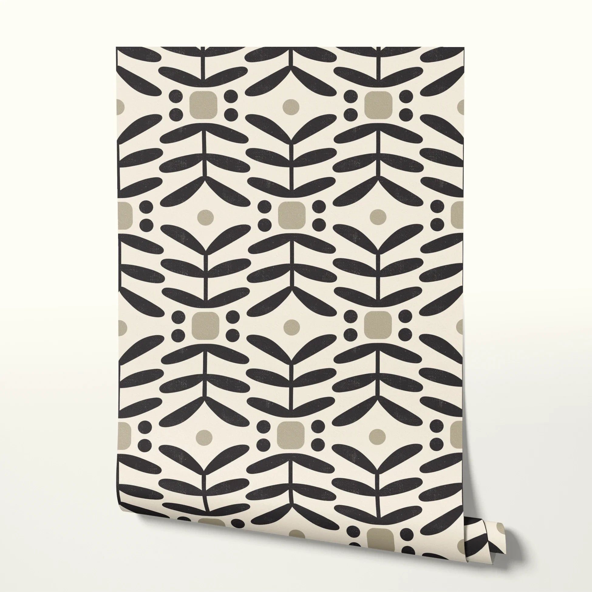 Geometric pattern with black botanical motifs and tan circles on cream background