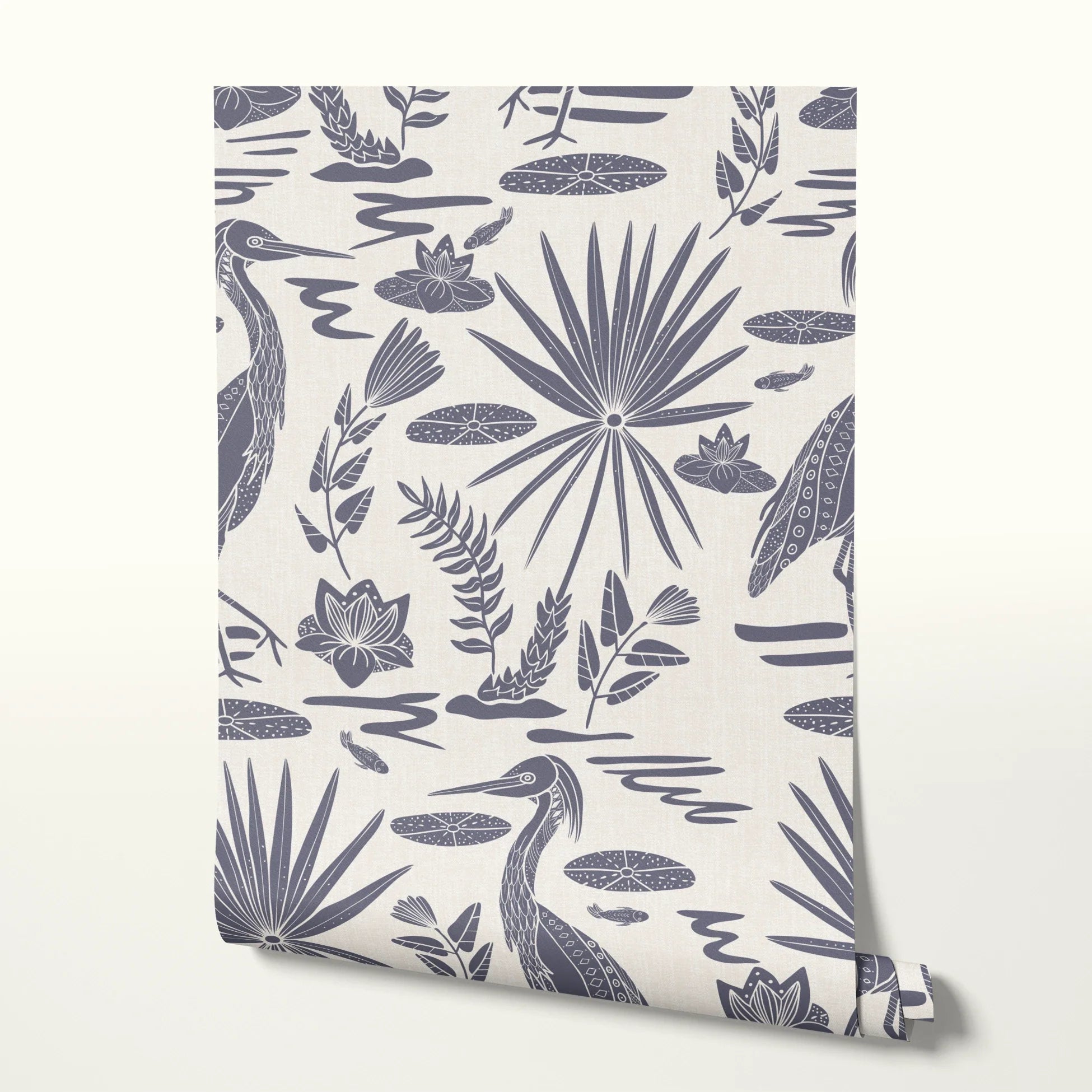 Tropical botanical pattern with blue herons, palm fronds, and foliage on cream background