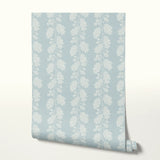 Falling Oak Stripe, White on Historical Blue, Medium Wallpaper