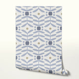 Botanical Diamonds, Soft Blue and Navy, Medium Wallpaper