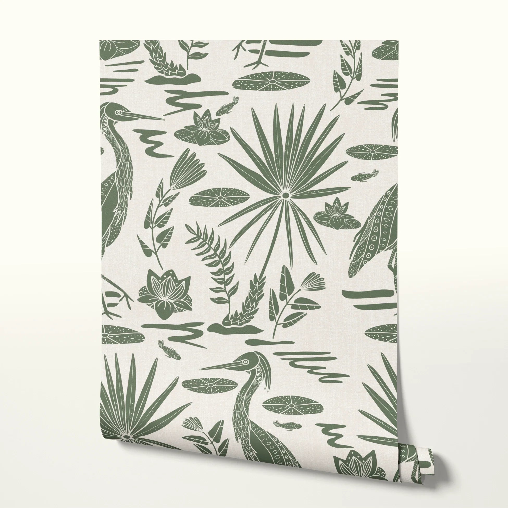 Low Country Egret, Moss Green on Light, Large Wallpaper
