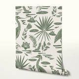 Low Country Egret, Moss Green on Light, Large Wallpaper