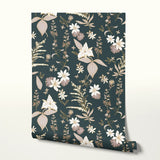 Vintage botanical pattern with cream and pink flowers on dark green background