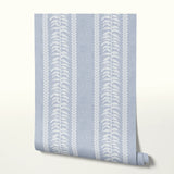 Palm Linen Stripe, White on Light Blue, Medium Wallpaper