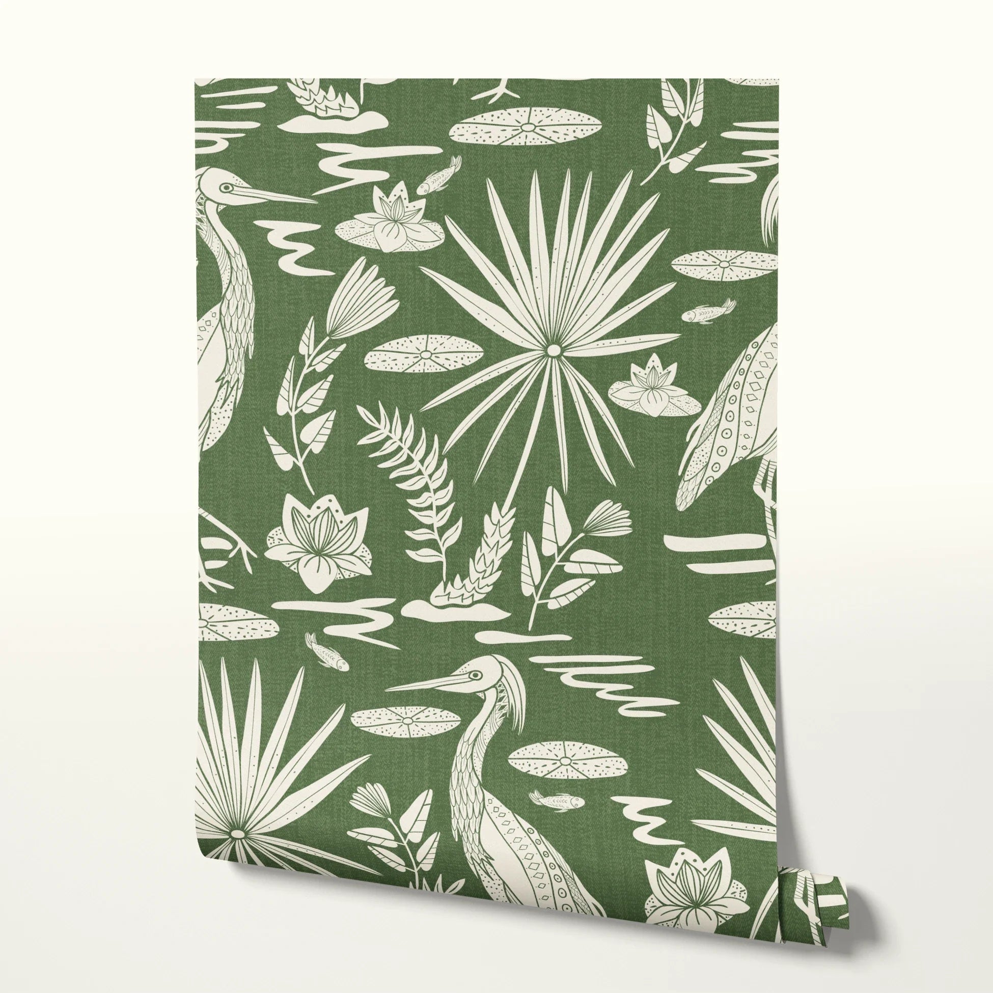 Low Country Egret, White on Moss Green, Large Wallpaper