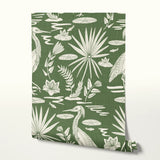 Low Country Egret, White on Moss Green, Large Wallpaper