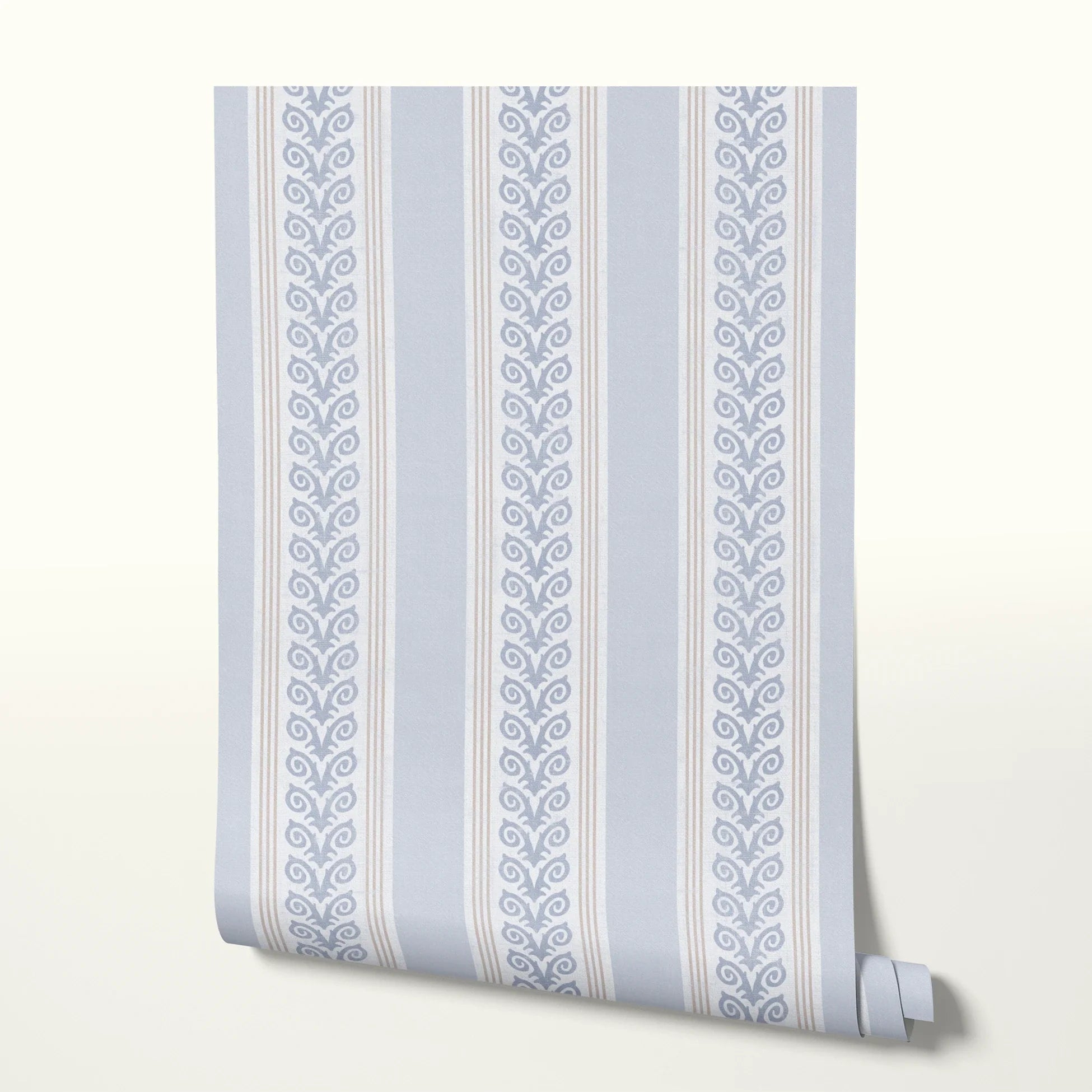 Blue and white vertical striped pattern with decorative floral motifs