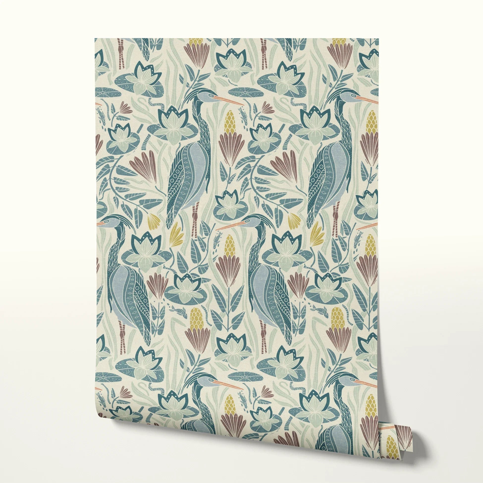 Decorative pattern with blue birds, lotus flowers, and foliage in muted teal, mauve, and cream tones