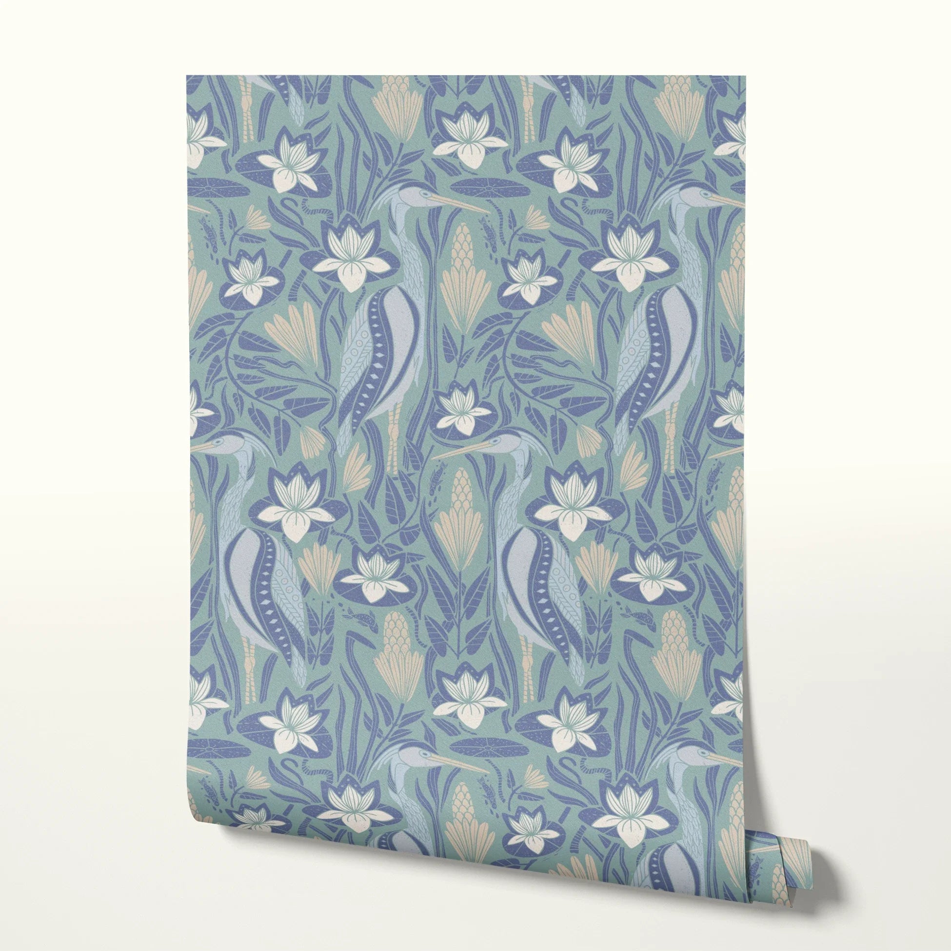 Art Nouveau floral pattern with white lilies, blue-green leaves and decorative pods on blue backgrou