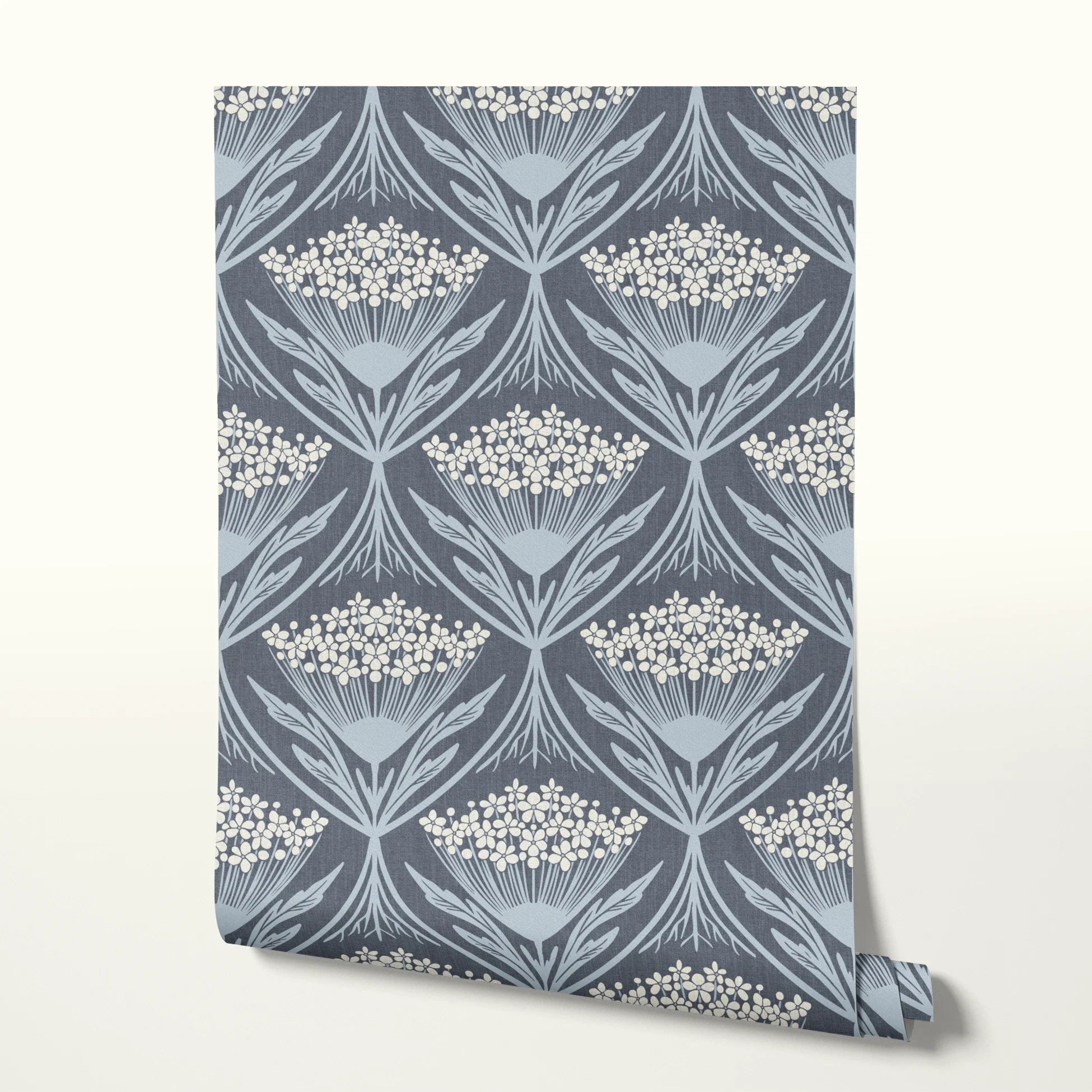 Art Nouveau floral pattern with white flowers and gray leaves in symmetrical diamond arrangement