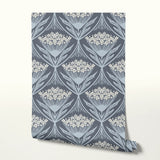 Art Nouveau floral pattern with white flowers and gray leaves in symmetrical diamond arrangement