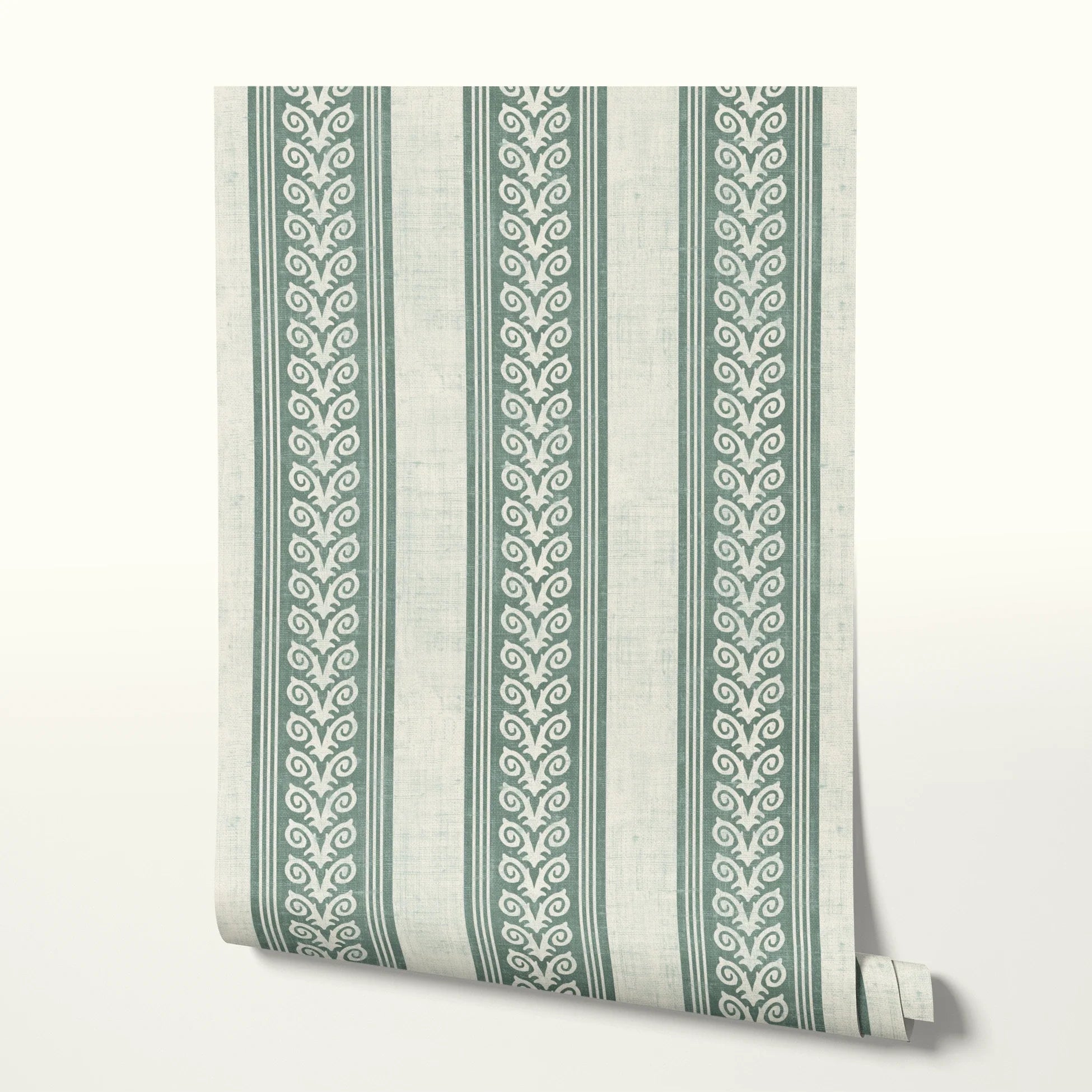 Vertical striped pattern with ornate scrollwork borders in sage green and cream tones