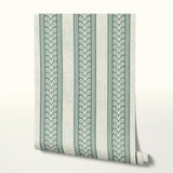 Vertical striped pattern with ornate scrollwork borders in sage green and cream tones