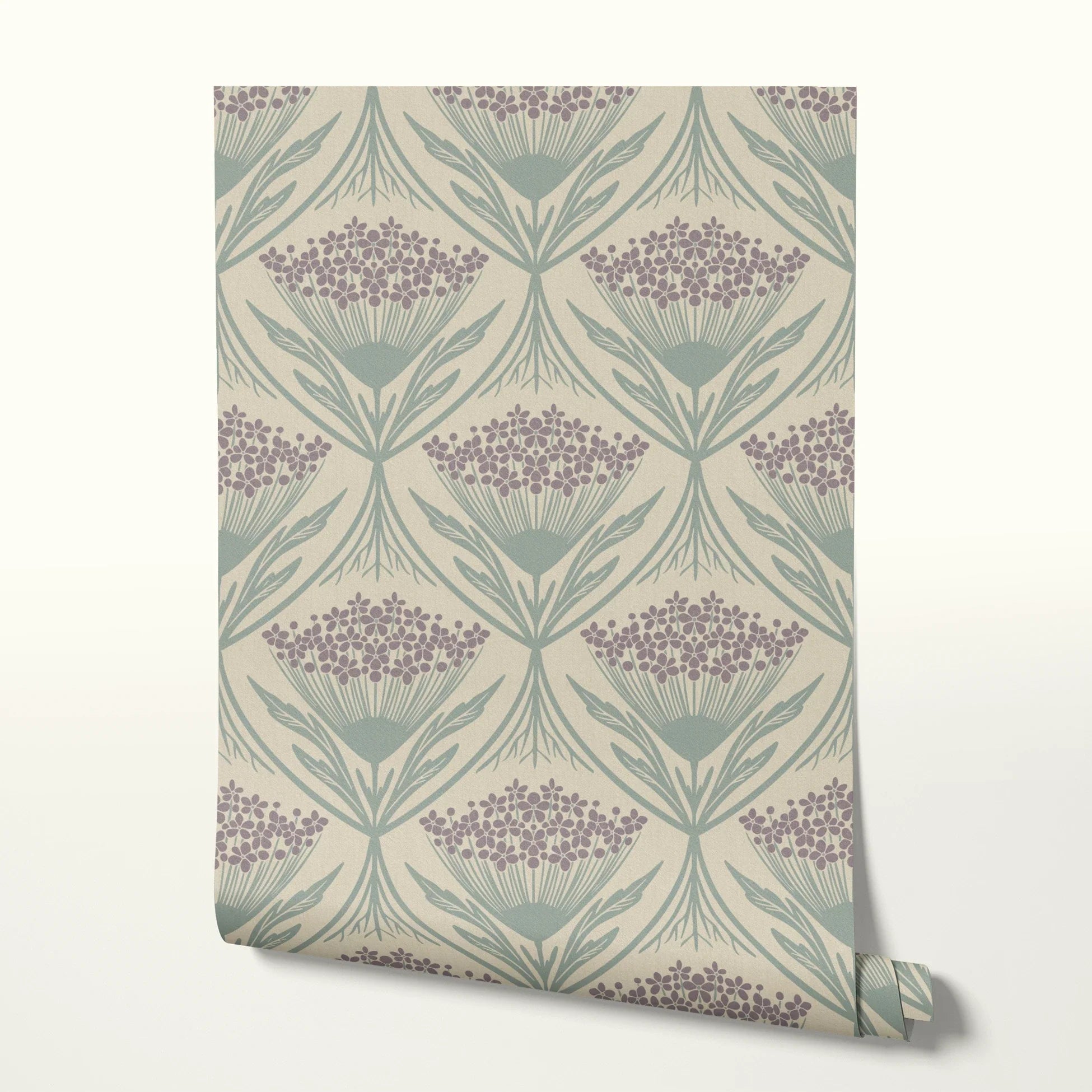 Art Nouveau wallpaper pattern with stylized flowers in purple and teal on beige background