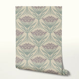 Art Nouveau wallpaper pattern with stylized flowers in purple and teal on beige background