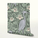 Art Nouveau pattern with herons, water lilies, and foliage in green, blue, and cream tones