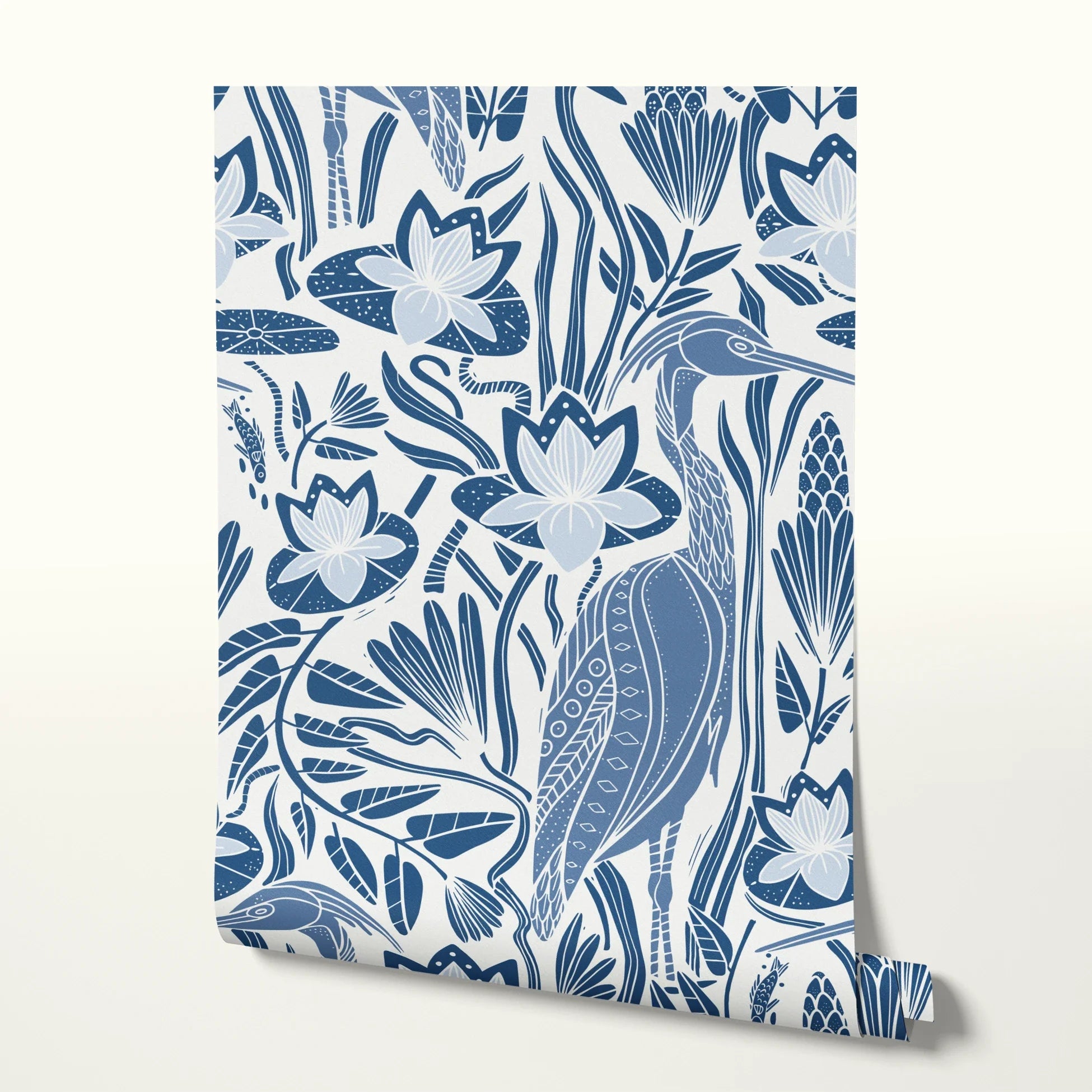 Blue and white decorative pattern with birds, flowers, and foliage in folk art style