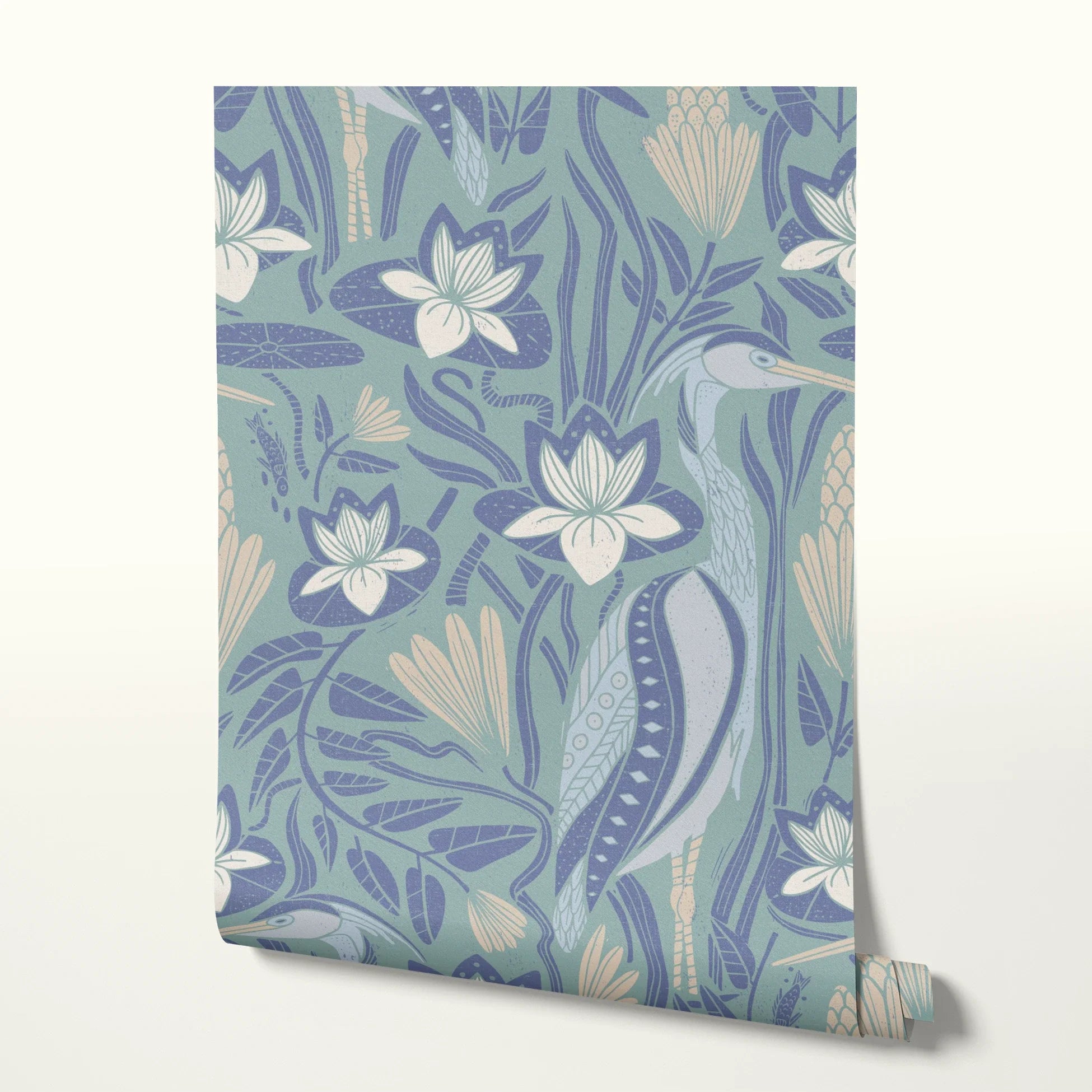 Art Nouveau floral pattern with white lilies, blue-green leaves and organic flowing design